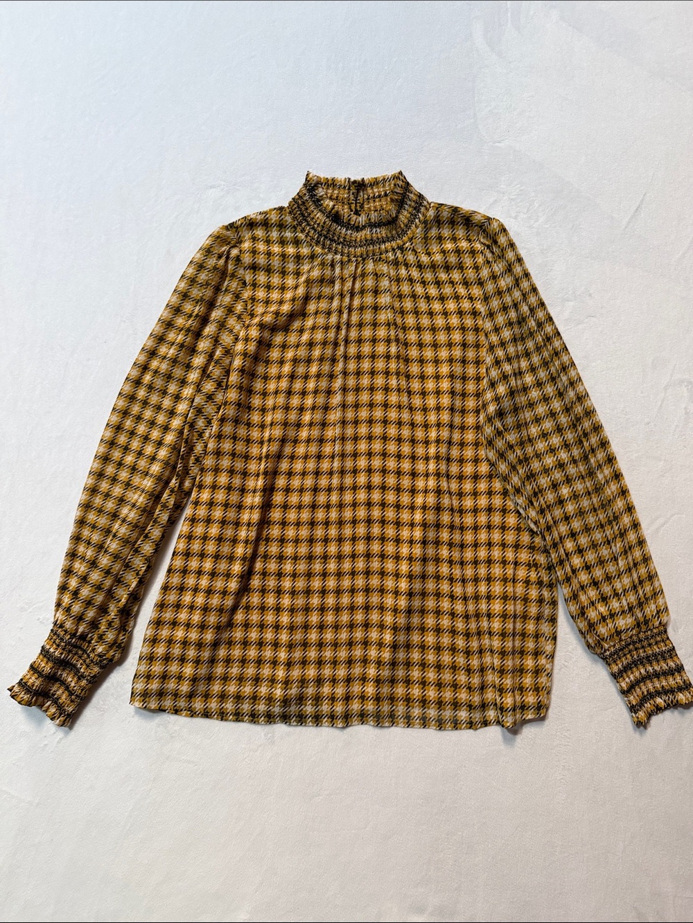 Karl Lagerfeld Mustard Plaid Long Sleeve Blouse